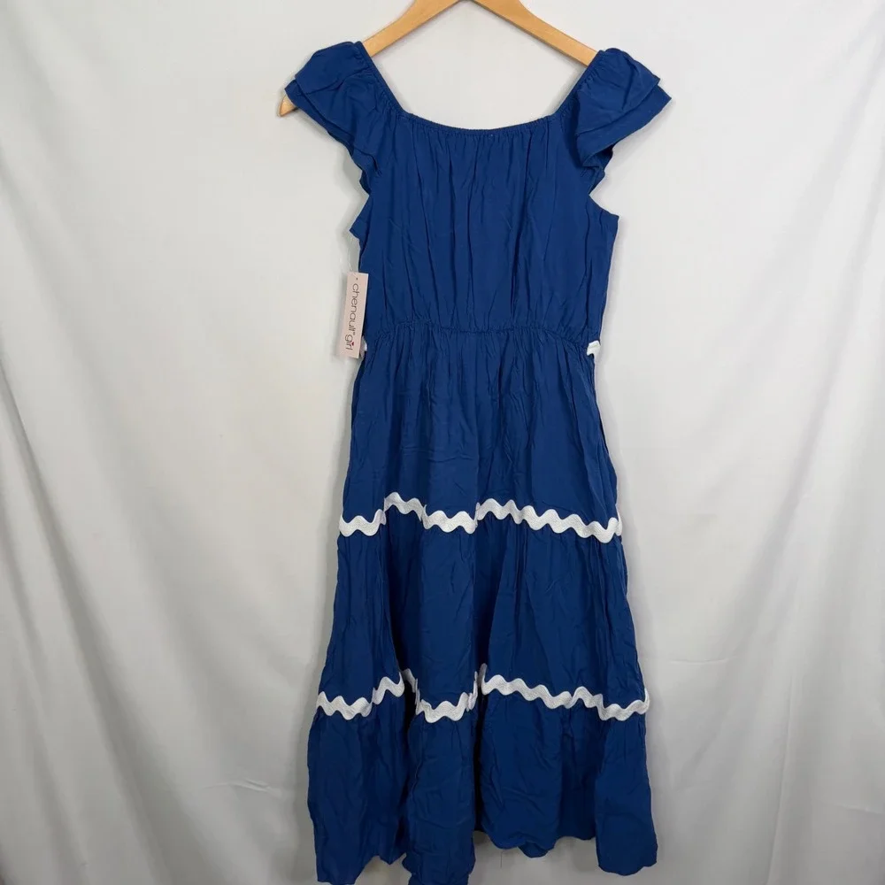 Chenault Girl Navy Blue Ric Rac Woven Maxi Dress Kids Size 14 Tiered NWT